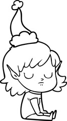 hand drawn line drawing of a elf girl wearing santa hat
