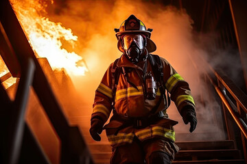 Strong and brave Firefighter Going Up The Stairs in Burning Building. Stairs Burn With Open Flames.