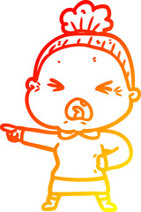 warm gradient line drawing of a cartoon angry old woman