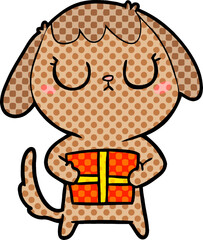 cute cartoon dog with christmas present