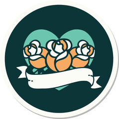 Obraz premium sticker of tattoo in traditional style of a heart and banner with flowers