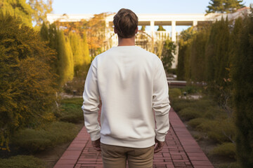 Fashion and style concept. Man with white blank sweatshirt portrait. Man standing back to camera in yellow autumn trees background. Man wearing white blank sweatshirt or sport jumper with copy space