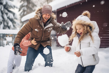 Happy family father and children play snowballs and enjoy the snow