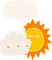 cartoon sun and cloud with speech bubble in retro style