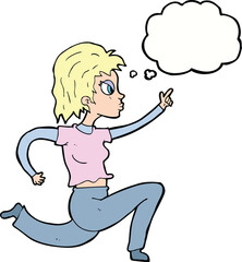 cartoon woman running and pointing with thought bubble