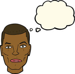 cartoon serious male face with thought bubble