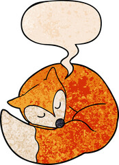 cartoon sleeping fox with speech bubble in retro texture style