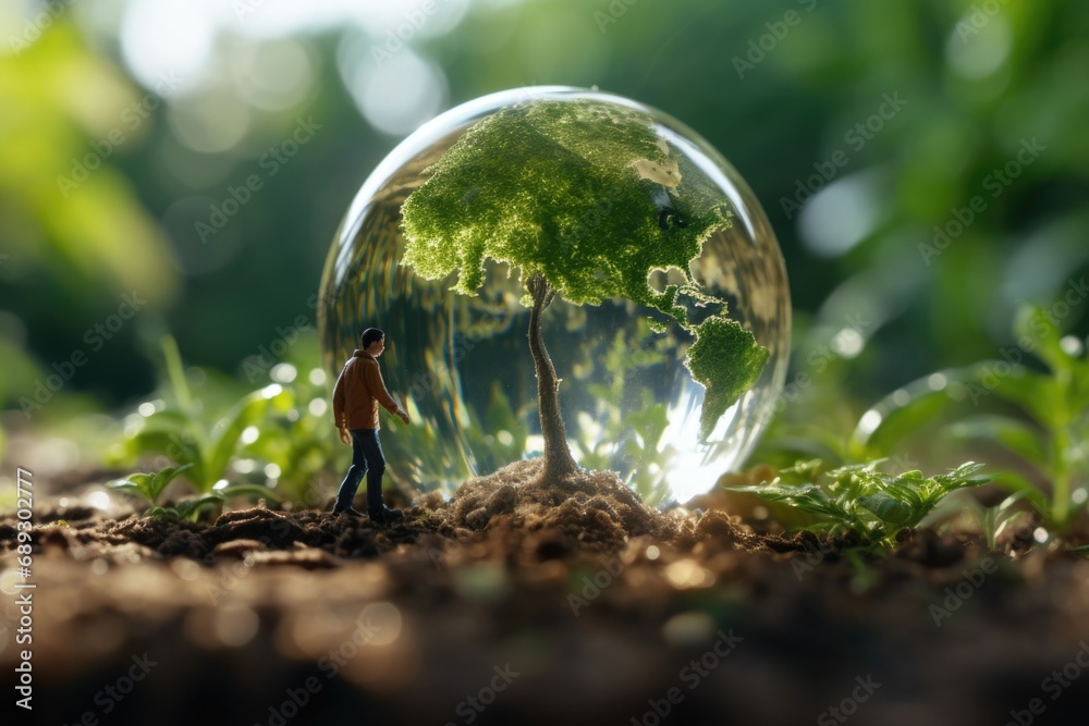 Aufkleber a man stands in front of a glass globe. this image can be used to represent exploration, curiosity, 