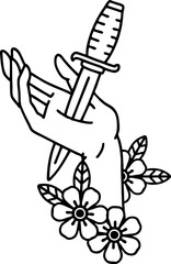 tattoo in black line style of a dagger in the hand