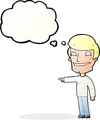 cartoon happy man pointing with thought bubble