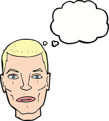 cartoon serious male face with thought bubble
