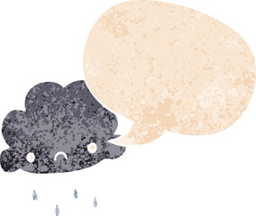cartoon storm cloud with speech bubble in grunge distressed retro textured style
