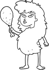 freehand drawn black and white cartoon cavewoman with meat