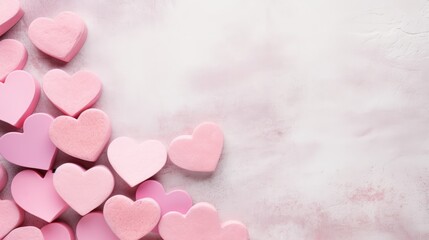 Valentine's Day background. Pink hearts on pastel pink background. Valentines day concept. Flat lay, top view, copy space