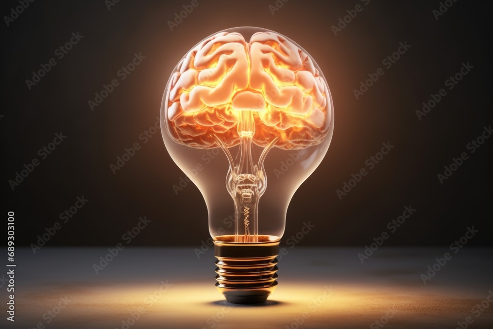 Poster a light bulb with a glowing brain inside. can be used to represent creativity, intelligence, or inno