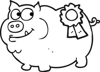 freehand drawn black and white cartoon prize winning pig