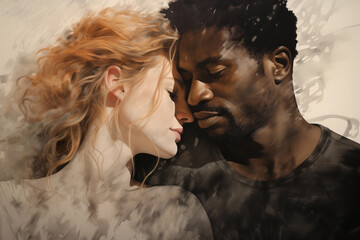 Interracial couple in love - abstract painting with brush strokes - pretty red haired white woman in love with a black man - obrazy, fototapety, plakaty