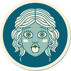 sticker of tattoo in traditional style of female face sticking out tongue