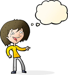 cartoon woman laughing and pointing with thought bubble