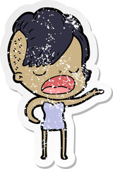 distressed sticker of a cartoon cool hipster girl talking