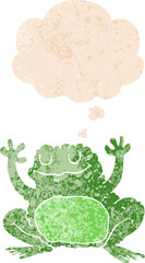 cartoon frog with thought bubble in grunge distressed retro textured style