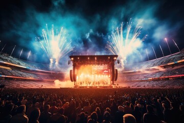 Concert crowd in front of a big stage with fireworks in the night, A live event, such as a concert or halftime show, taking place at a sports stadium, AI Generated - obrazy, fototapety, plakaty