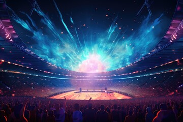 Concert crowd in front of a large stage with lights and smoke, A live event, such as a concert or halftime show, taking place at a sports stadium, AI Generated