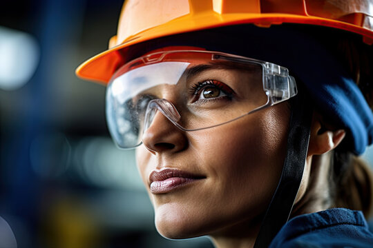 Beautiful woman construction worker wearing protective helmet. Generative Ai
