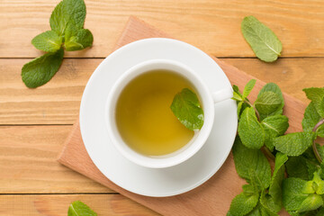 Fresh mint tea on wooden background,top view