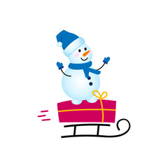 snowman character carries a gift on a sled.. Vector illustration.