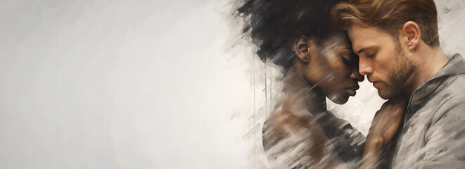 Interracial couple in love - abstract painting with brush strokes - copy space - Handsome Blond man and Black Woman