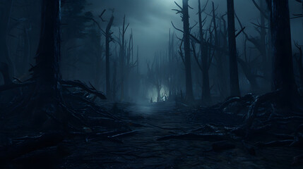 haunted forest creepy landscape at night.