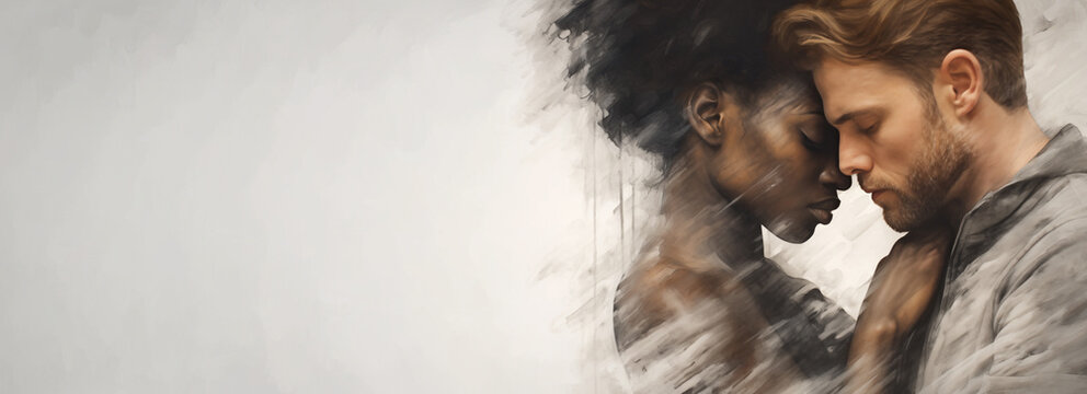 Interracial couple in love - abstract painting with brush strokes - copy space - Handsome Blond man and Black Woman