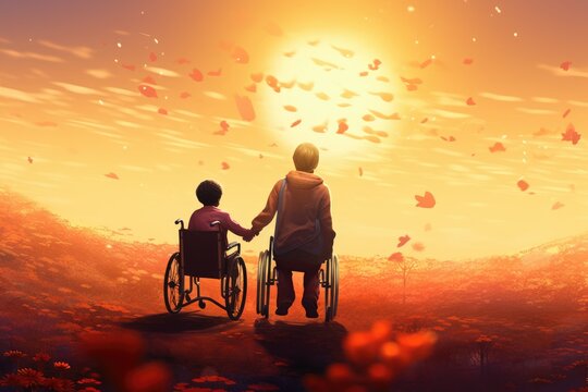 Conceptual image of disabled person in wheelchair with his father at sunset, A mother with an incapacitated boy in a wheelchair walking in nature, AI Generated