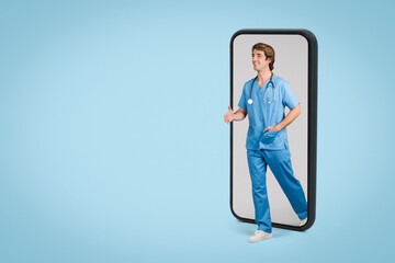 Male nurse in blue scrubs steps out of a smartphone on blue background