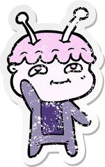 distressed sticker of a friendly cartoon spaceman waving