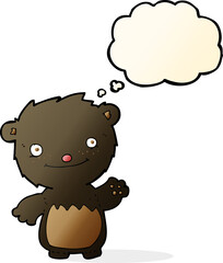 cartoon waving black bear cub with thought bubble