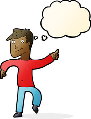 cartoon happy man pointing with thought bubble