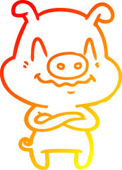 warm gradient line drawing of a nervous cartoon pig