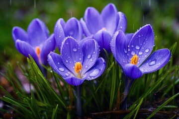 Spring flowers of blue crocuses with drops of water