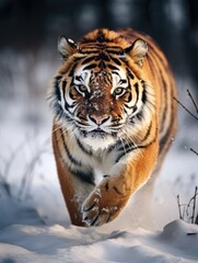Fototapeta na wymiar Tiger in wild winter nature. Amur tiger running in the snow.