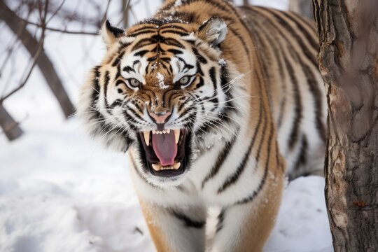 Angry ussurian tiger in a snowy forest