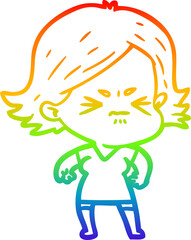 rainbow gradient line drawing of a cartoon angry woman