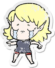 distressed sticker of a cartoon crying elf girl