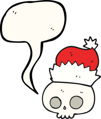 freehand drawn speech bubble cartoon skull wearing christmas hat