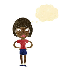 cartoon worried woman with thought bubble