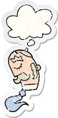 cartoon man with mustache with thought bubble as a distressed worn sticker