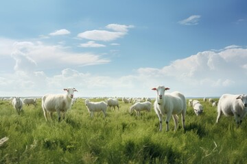 Fototapeta na wymiar Herd of sheep grazing in a green meadow on a sunny day, a herd of white goats grazing peacefully in a lush green meadow under the open sky, AI Generated