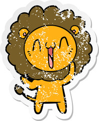 distressed sticker of a happy cartoon lion
