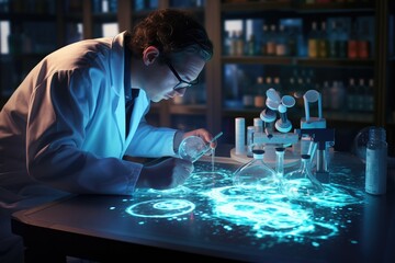 scientist working with blue light in laboratory. science and chemistry concept, A laboratory technician makes microscopic bacteriological examination with the reagents, AI Generated - obrazy, fototapety, plakaty